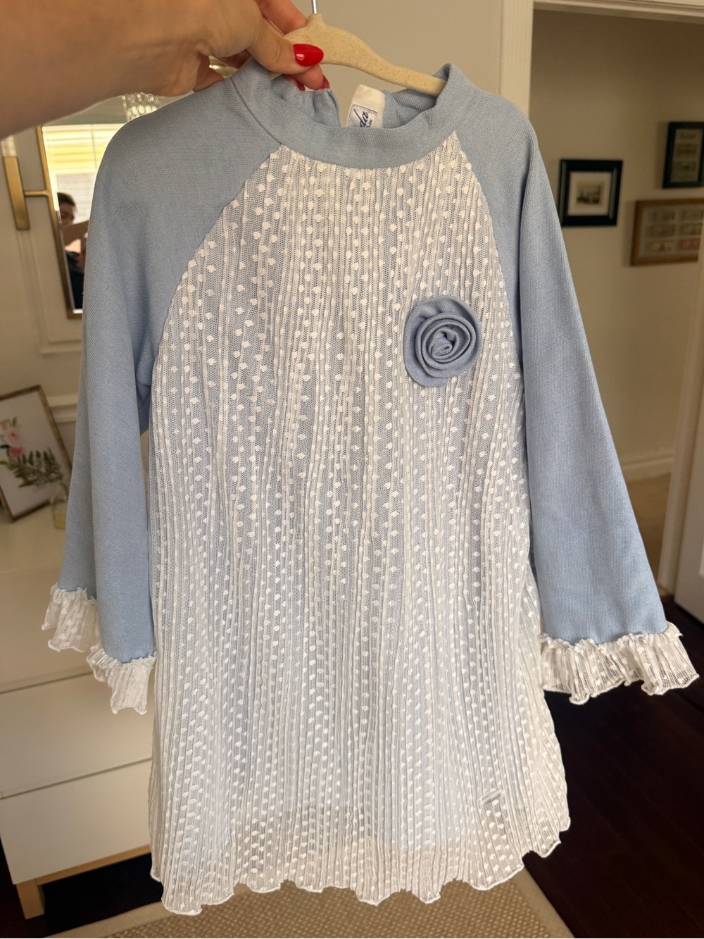 Light Blue & White Pleated Girls lace Dress with Rosette  made in Spain